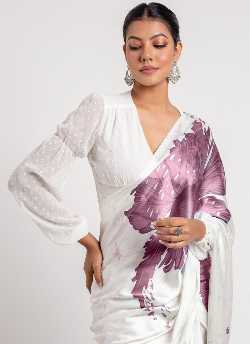 White Original Japan Devsena satin Saree Japan Satin Digital Print Blouse