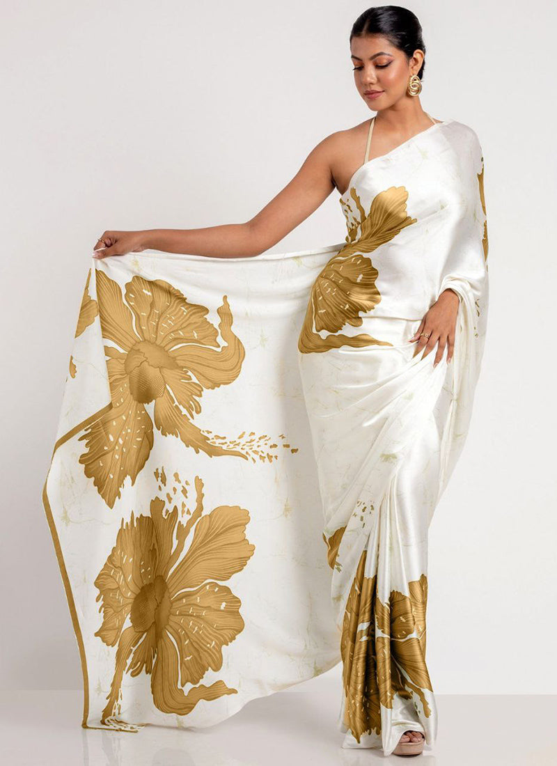 White Original Japan Devsena satin Saree Japan Satin Digital Print Blouse