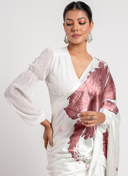 White Original Japan Devsena satin Saree Japan Satin Digital Print Blouse