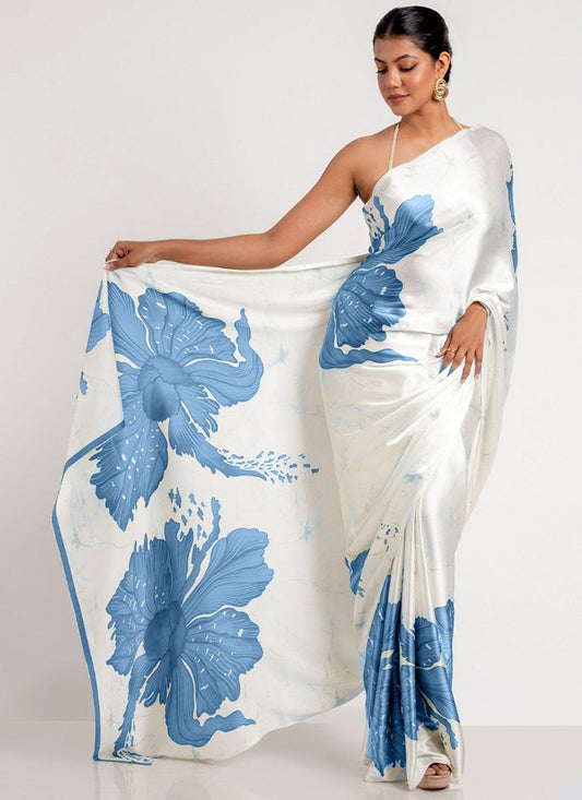 White Original Japan Devsena satin Saree Japan Satin Digital Print Blouse