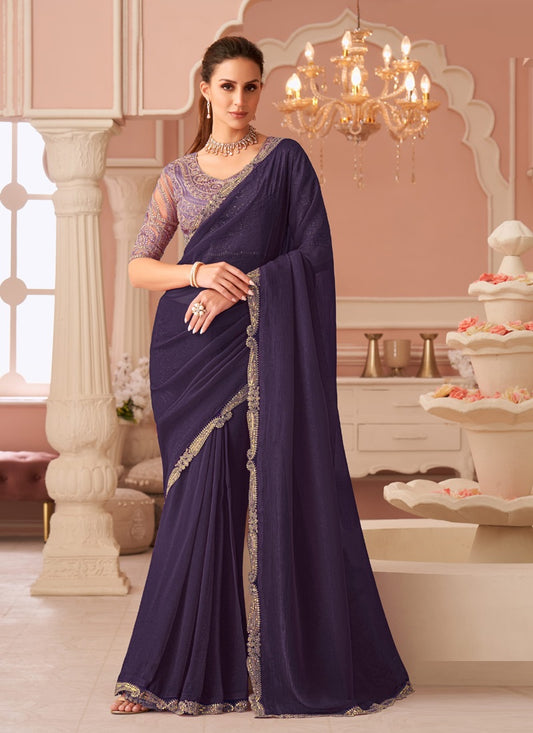 Dark Purple Georgette Heavy Designer Blouse Party Wear Saree