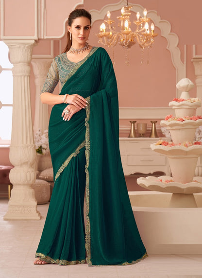 Dark Green Georgette Heavy Designer Blouse Party Wear Saree