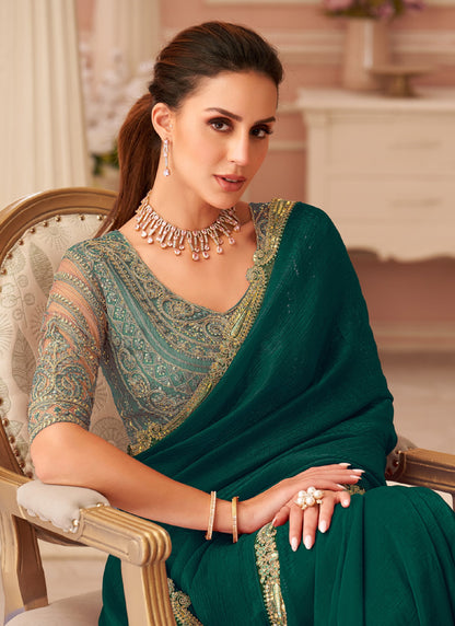 Dark Green Georgette Heavy Designer Blouse Party Wear Saree