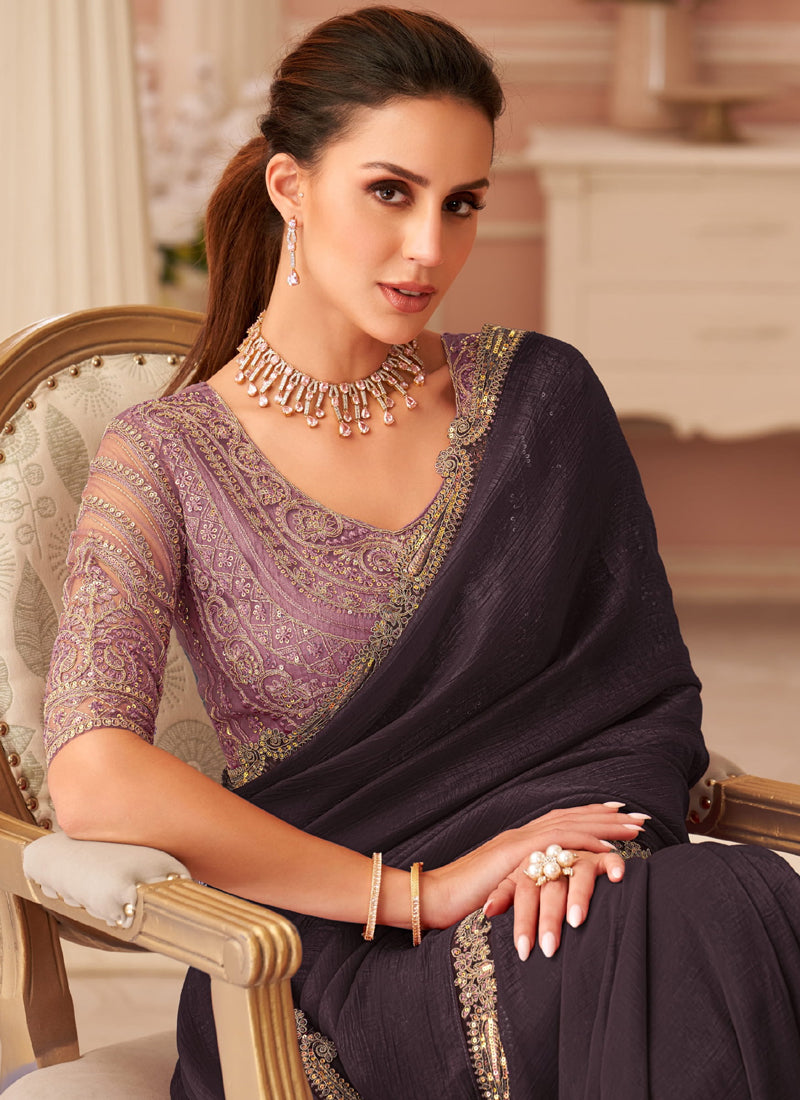 Dark Burgundy Georgette Heavy Designer Blouse Party Wear Saree