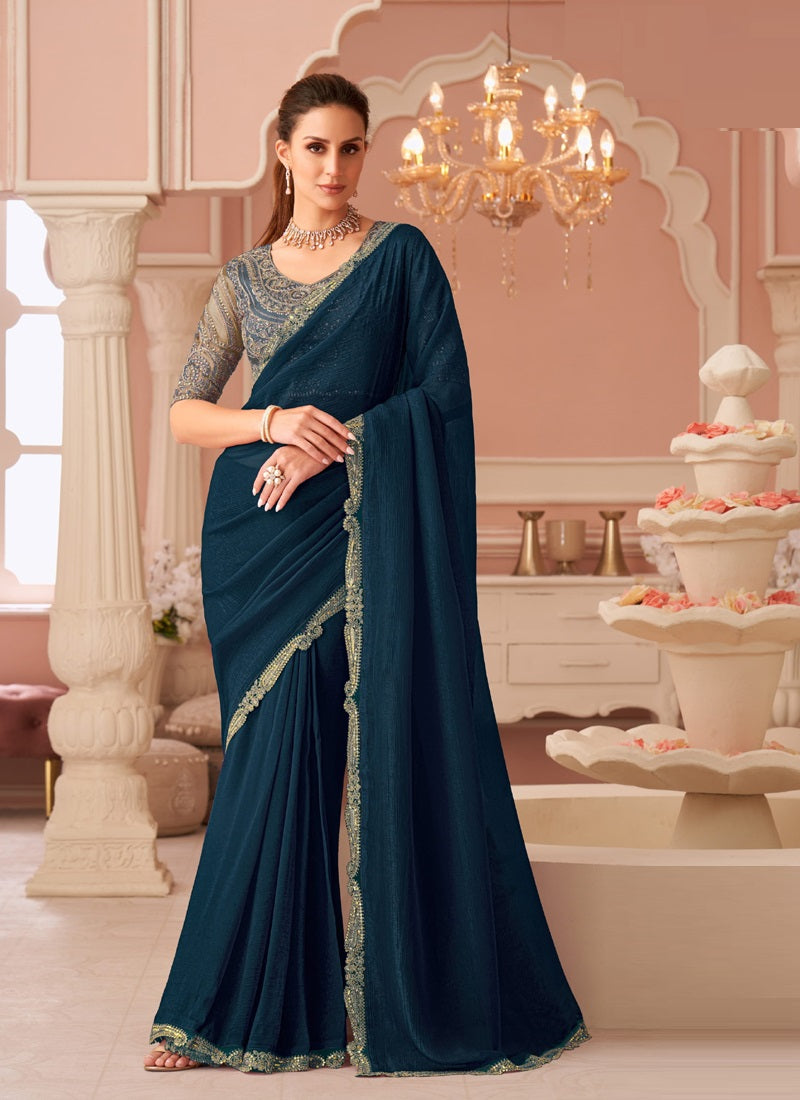 Peacock Blue Georgette Heavy Designer Blouse Party Wear Saree