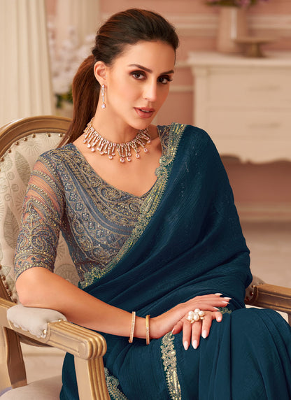 Peacock Blue Georgette Heavy Designer Blouse Party Wear Saree