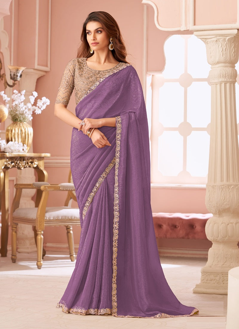 Lavender Georgette Heavy Designer Blouse Party Wear Saree