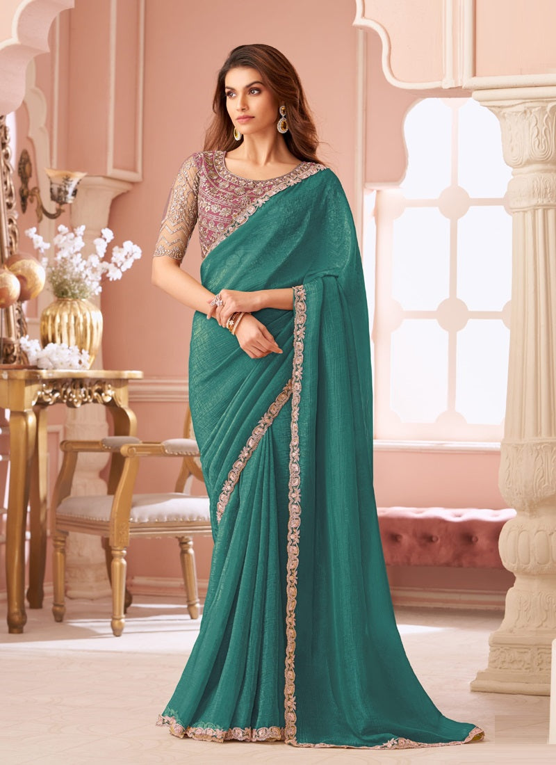 Sea Green Georgette Designer Blouse Party Wear Saree