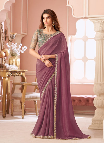 Plum Georgette Designer Blouse Party Wear Saree