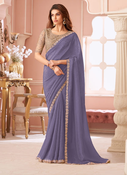 Lavender Georgette Heavy Designer Blouse Party Wear Saree