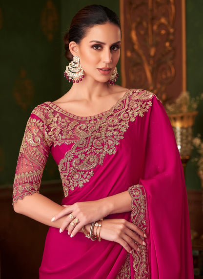 Rani Pink Sparkle With Banglori Silk Blouse Designer Saree