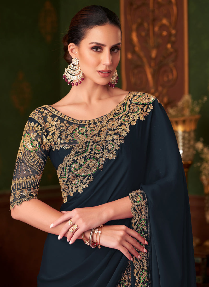 Dark Navy Blue Chiffon With Banglori Silk Blouse Designer Saree