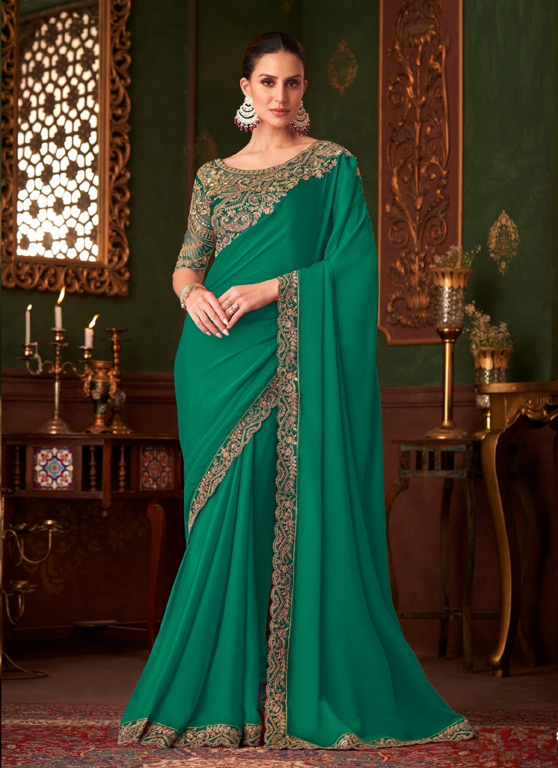 Green Sparkle Shaded Chiffon With Banglori Silk Blouse Designer Saree