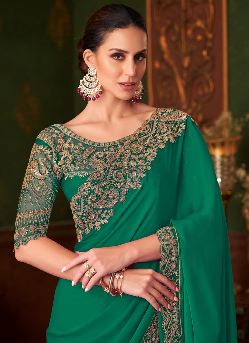 Green Sparkle Shaded Chiffon With Banglori Silk Blouse Designer Saree
