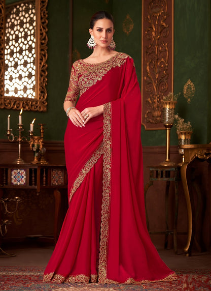 Red Sparkle Shaded Chiffon With Banglori Silk Blouse Designer Saree