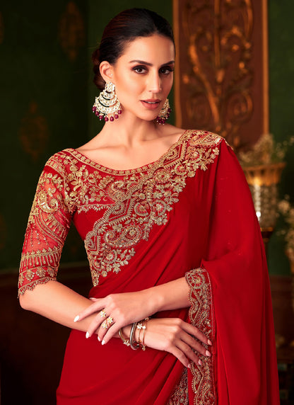 Red Sparkle Shaded Chiffon With Banglori Silk Blouse Designer Saree