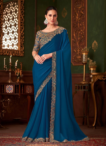 Peacock Blue Sparkle Shaded Zari With Banglori Silk Blouse Designer Saree