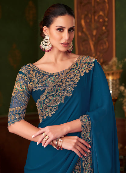 Peacock Blue Sparkle Shaded Zari With Banglori Silk Blouse Designer Saree