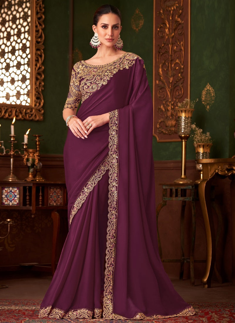 Wine Blue Sparkle Shaded Zari With Banglori Silk Blouse Designer Saree