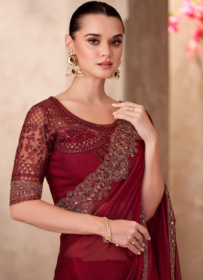 Maroon Chiffon Designer Blouse Party Wear Saree