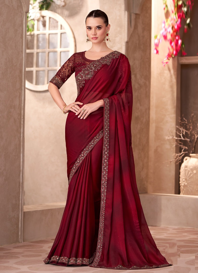 Maroon Chiffon Designer Blouse Party Wear Saree