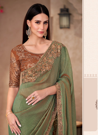 Olive Golden Shine Georgette Designer Blouse Party Wear Saree