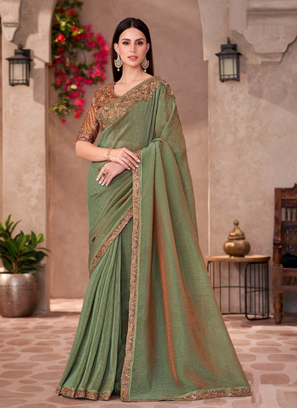 Olive Golden Shine Georgette Designer Blouse Party Wear Saree