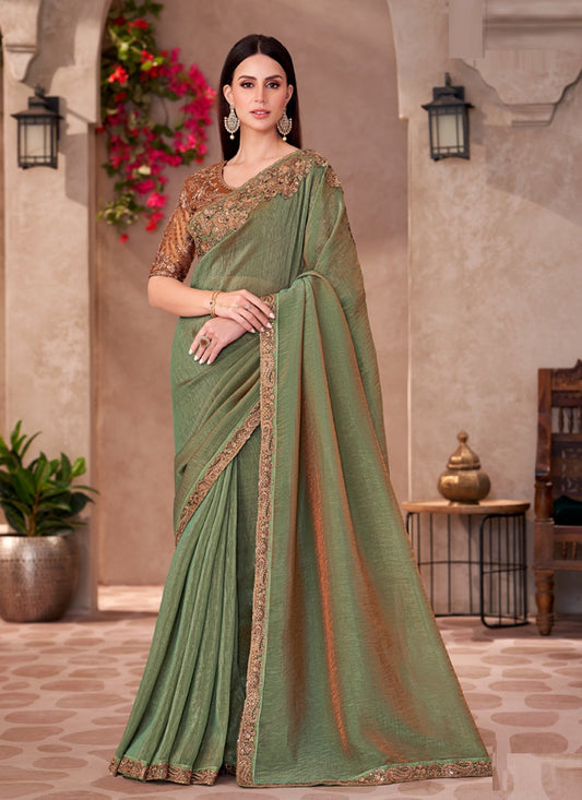 Olive Golden Shine Georgette Designer Blouse Party Wear Saree