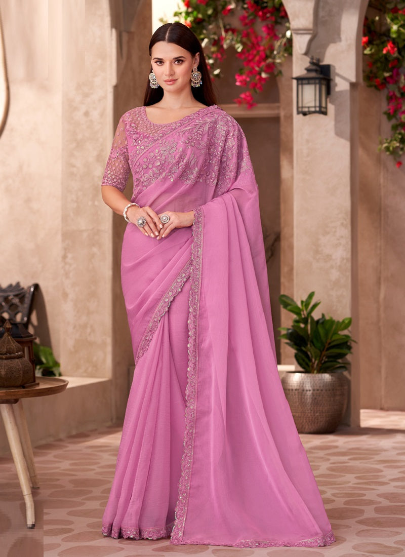 Pink Chiffon Heavy Designer Blouse Party Wear Saree