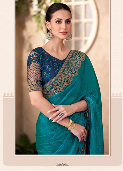 Peacock Blue Satin Georgette Designer Blouse Party Wear Saree