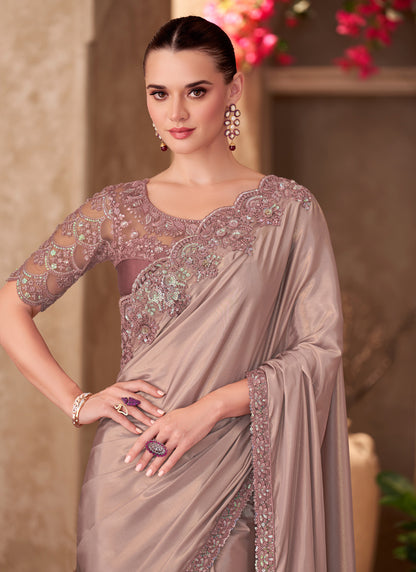 Light Peach Silk Crape Designer Blouse Party Wear Saree