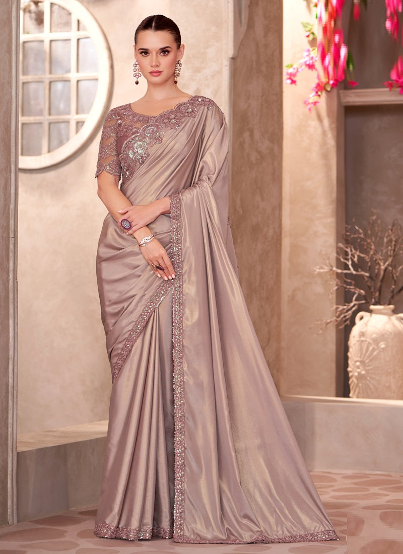 Light Peach Silk Crape Designer Blouse Party Wear Saree