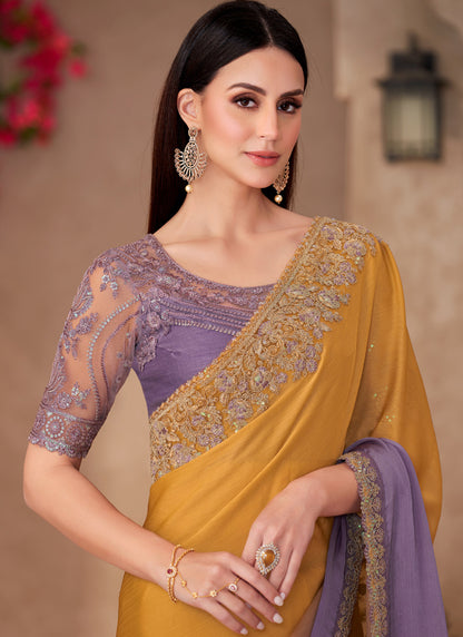 Shaded Mustard & Lavender Designer Blouse Party Wear Saree