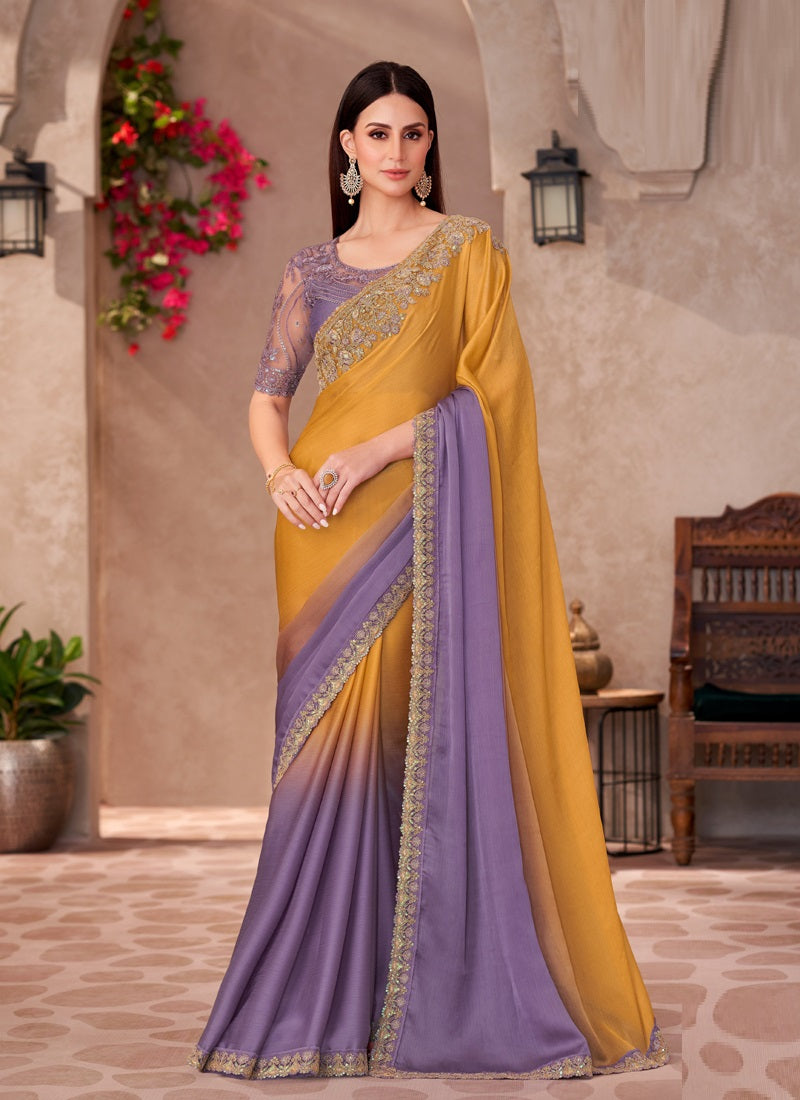 Shaded Mustard & Lavender Designer Blouse Party Wear Saree