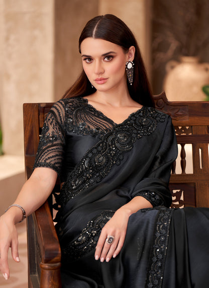 Black Chiffon Designer Blouse Party Wear Saree