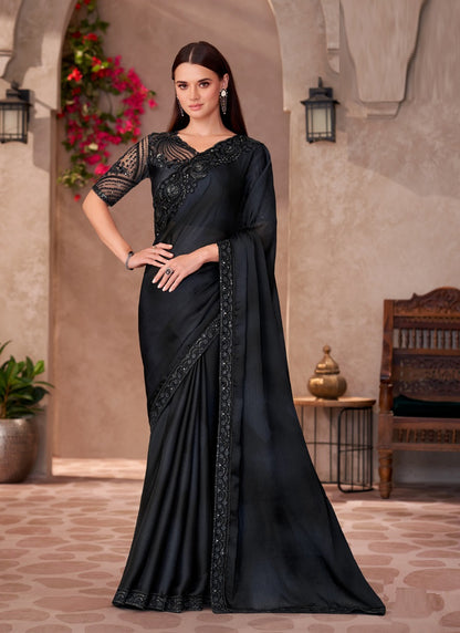 Black Chiffon Designer Blouse Party Wear Saree
