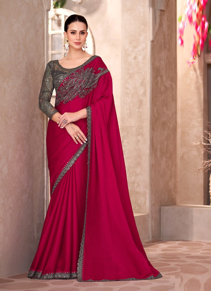 Cherry Red Chiffon Designer Blouse Party Wear Saree