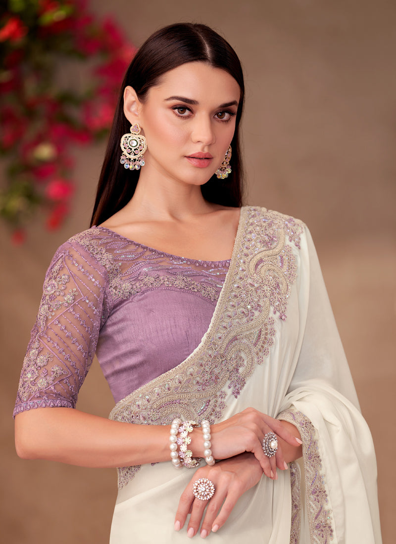 White Georgette Designer Blouse Party Wear Saree