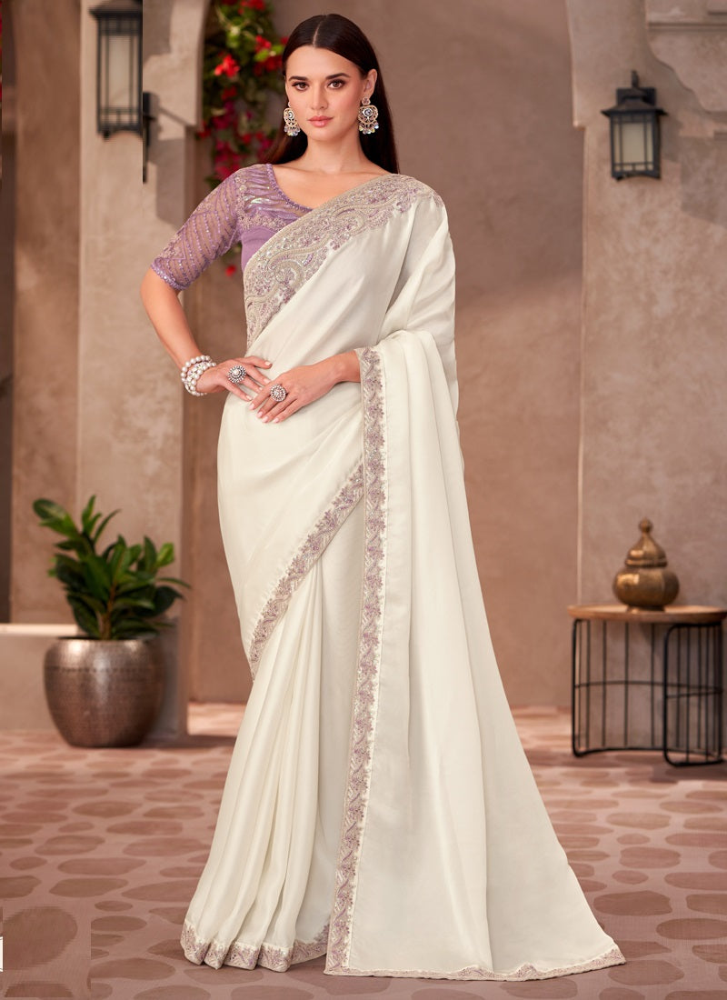 White Georgette Designer Blouse Party Wear Saree