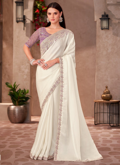 White Georgette Designer Blouse Party Wear Saree