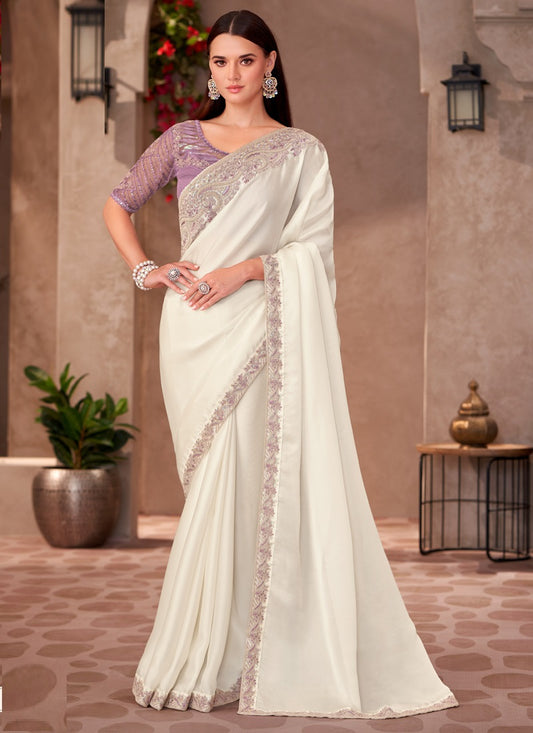 White Georgette Designer Blouse Party Wear Saree