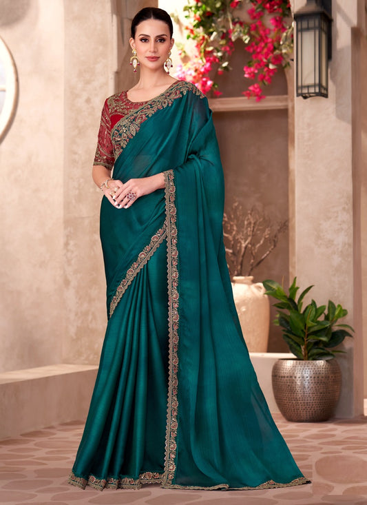 Sea Green Chiffon Designer Blouse Party Wear Saree