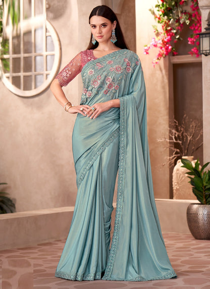Light Aqua Blue Border Designer Blouse Party Wear Saree