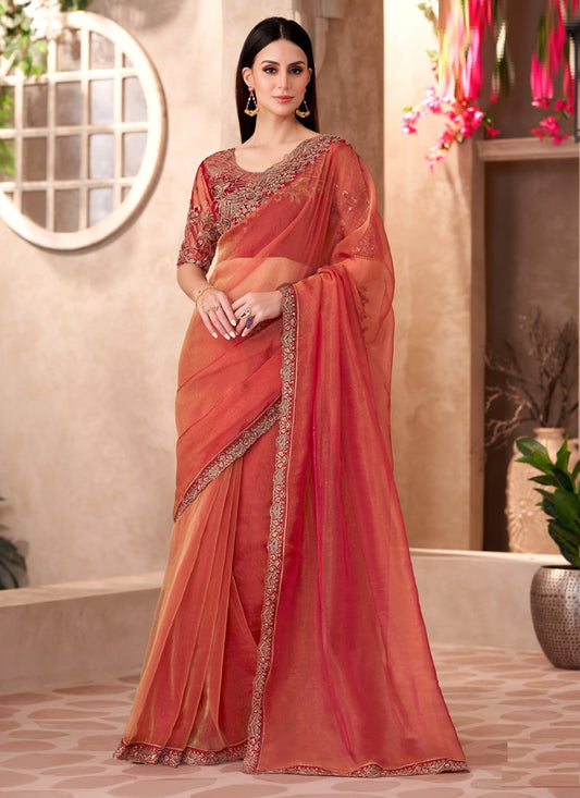 Rust Tissue Heavy Designer Blouse Party Wear Saree