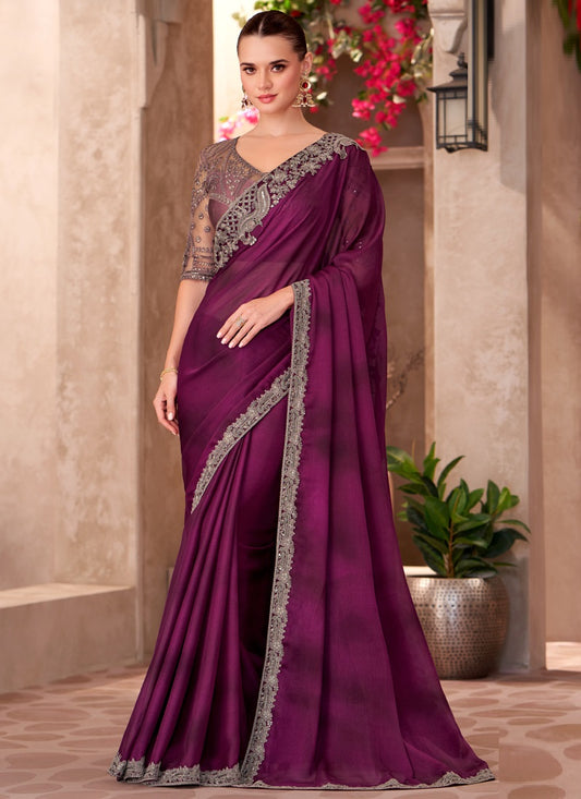 Wine Chiffon Heavy Designer Blouse Party Wear Saree