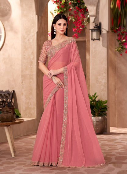 Peach Georgette Designer Blouse Party Wear Saree
