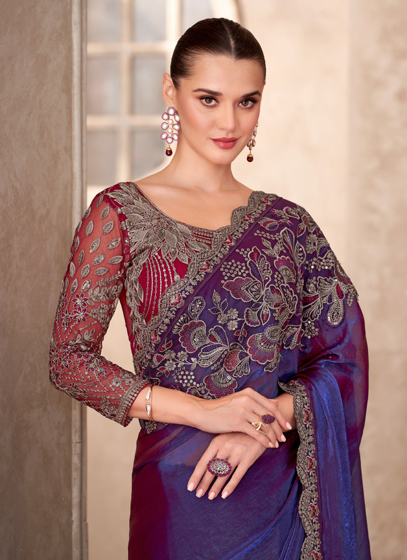 Dark Purple Satin Georgette Designer Blouse Party Wear Saree