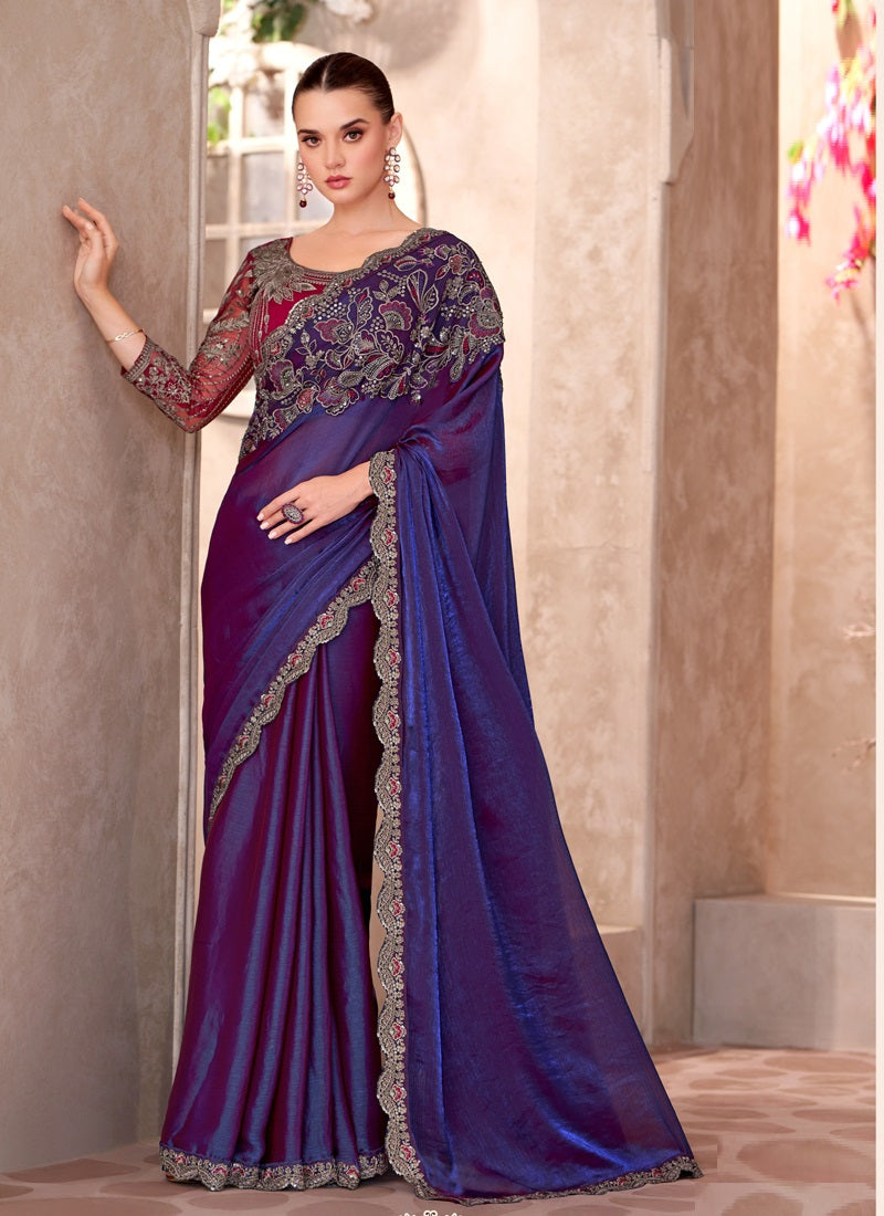 Dark Purple Satin Georgette Designer Blouse Party Wear Saree