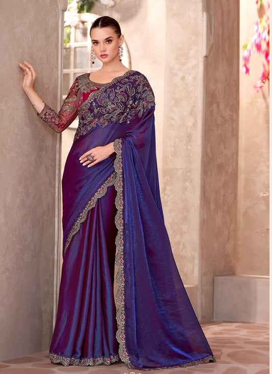 Dark Purple Satin Georgette Designer Blouse Party Wear Saree