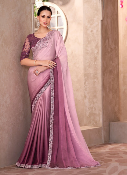 Shaded Onion Pink Chiffon Designer Blouse Party Wear Saree